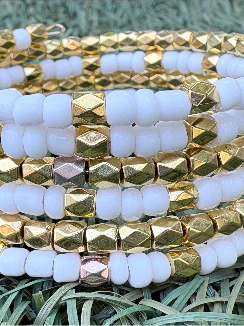 Gold & White Beaded Memory wire  Bracelet - Women Jewelry
